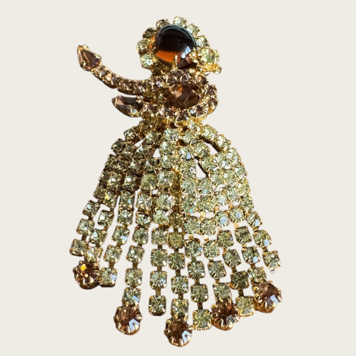 Vintage Rhinestone Dancer Brooch – Golden Topaz & Amber Cabochon in Gold Tone