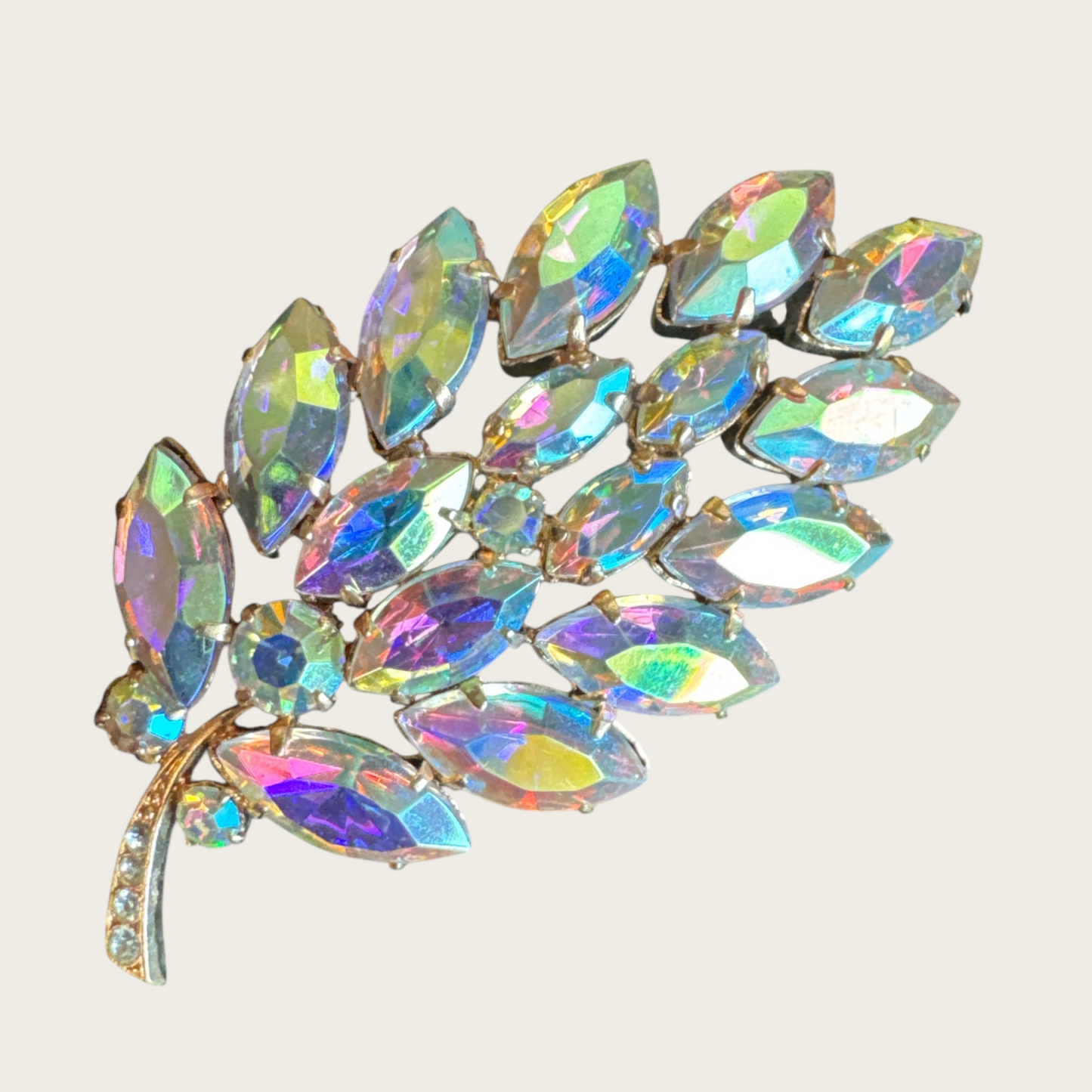 Vintage Aurora Borealis Leaf Brooch – Gold-Tone Setting with Navette Rhinestones