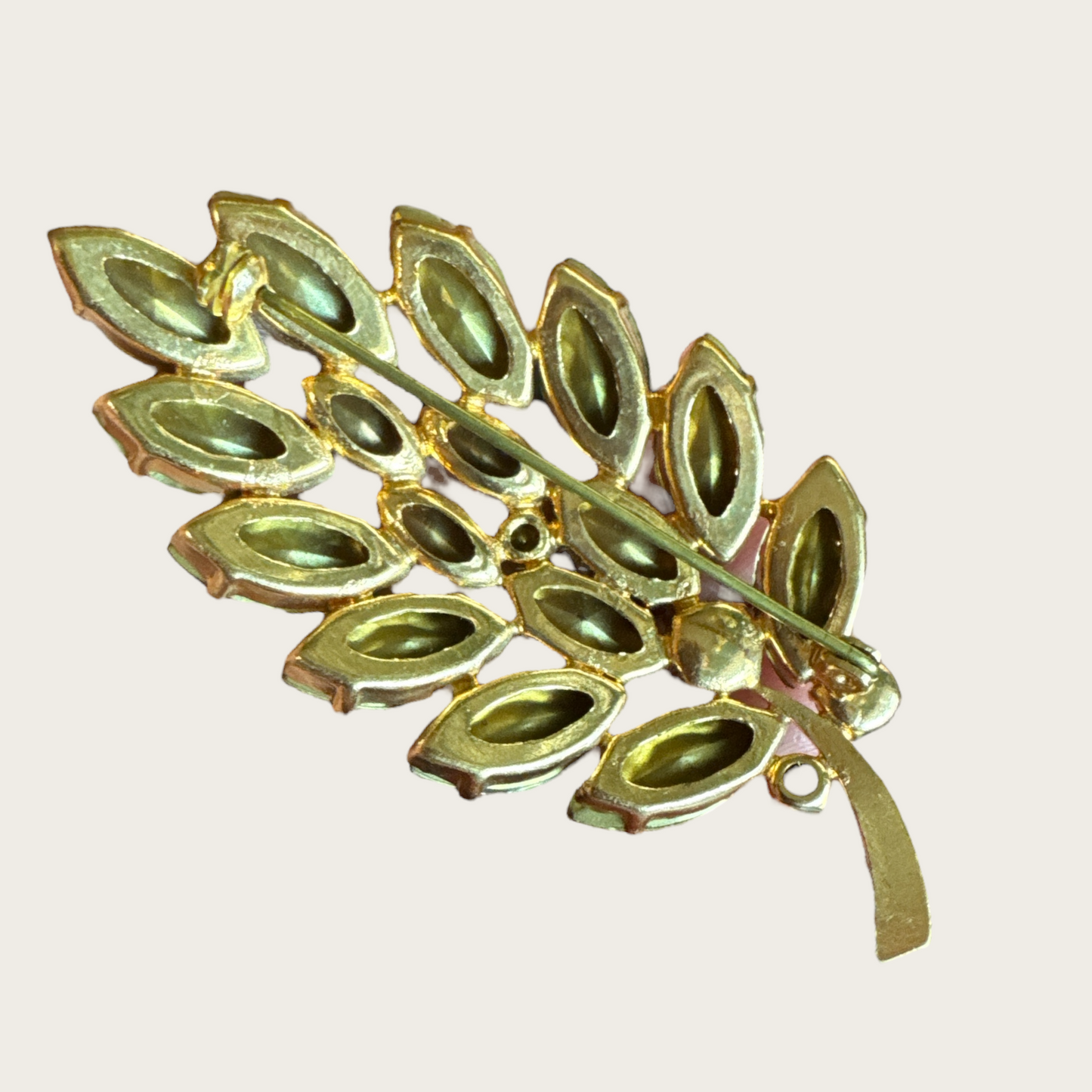 Vintage Aurora Borealis Leaf Brooch – Gold-Tone Setting with Navette Rhinestones