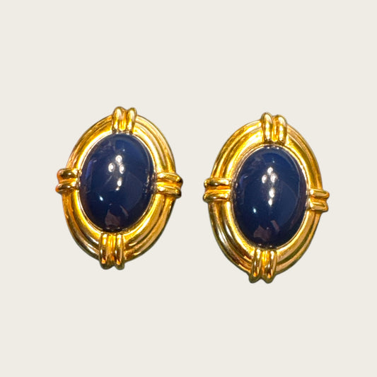 Vintage Napier Oversized Oval Earrings – Gold-Tone with Navy Lucite Cabochons