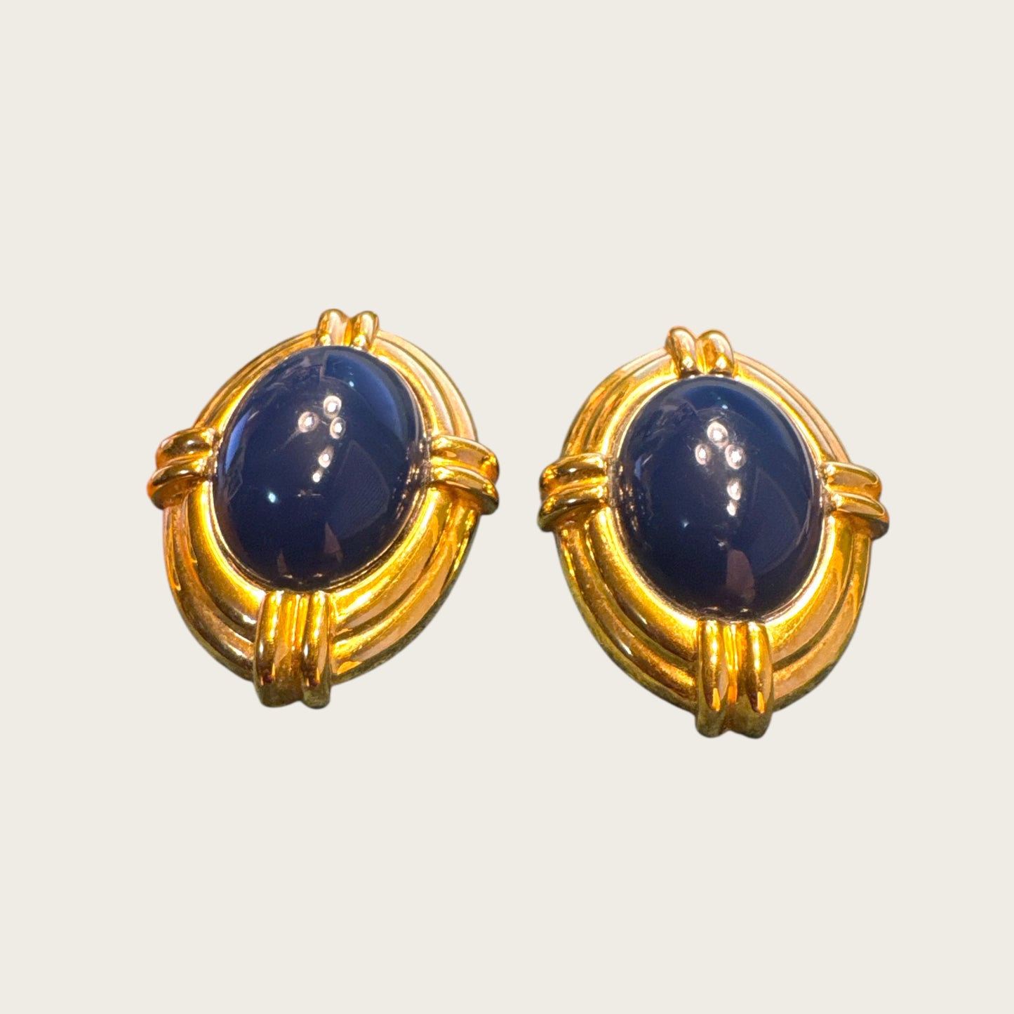 Vintage Napier Oversized Oval Earrings – Gold-Tone with Navy Lucite Cabochons