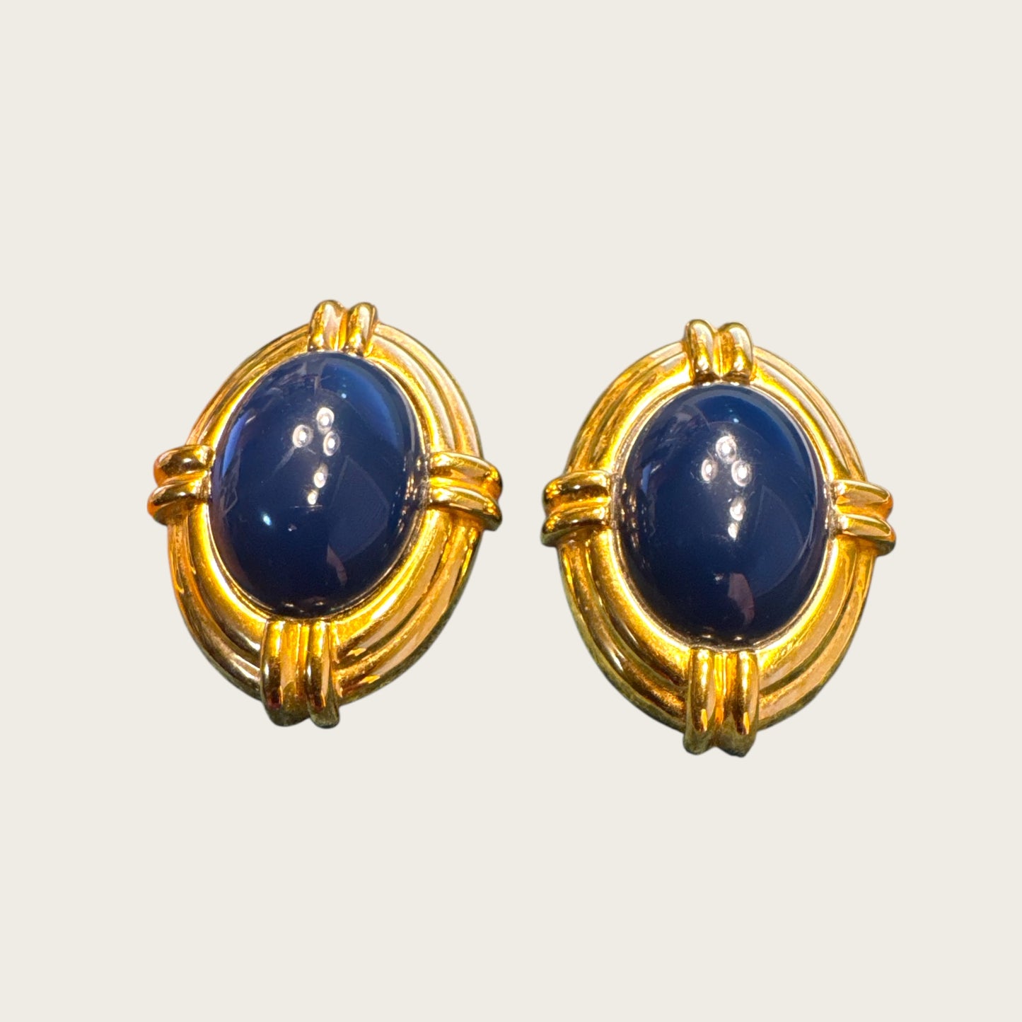 Vintage Napier Oversized Oval Earrings – Gold-Tone with Navy Lucite Cabochons
