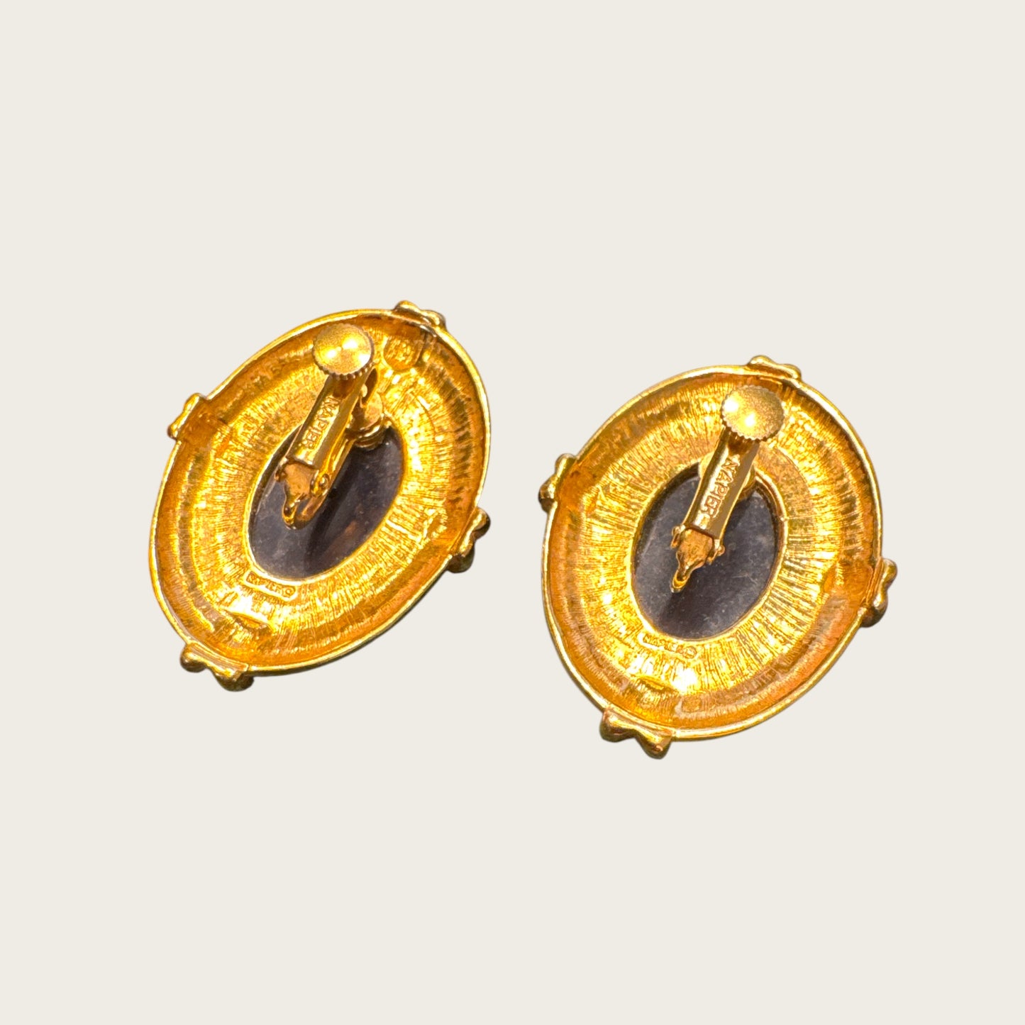 Vintage Napier Oversized Oval Earrings – Gold-Tone with Navy Lucite Cabochons