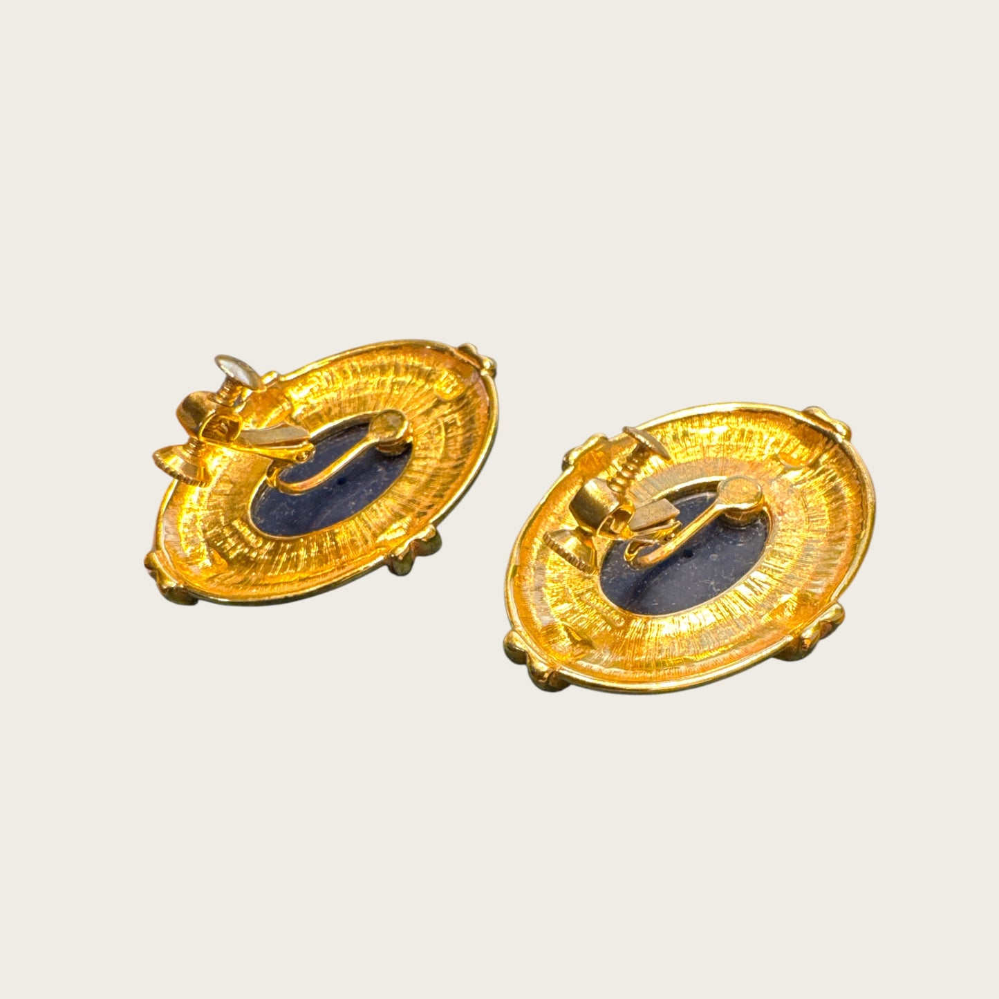 Vintage Napier Oversized Oval Earrings – Gold-Tone with Navy Lucite Cabochons
