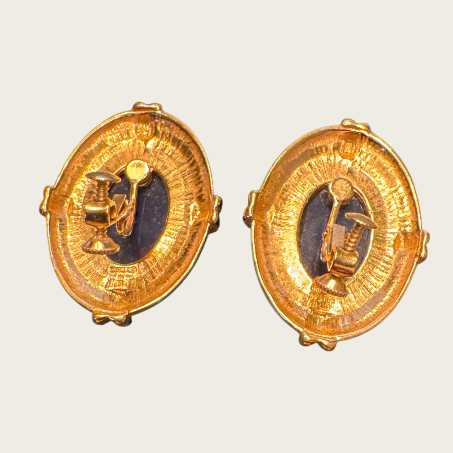 Vintage Napier Oversized Oval Earrings – Gold-Tone with Navy Lucite Cabochons