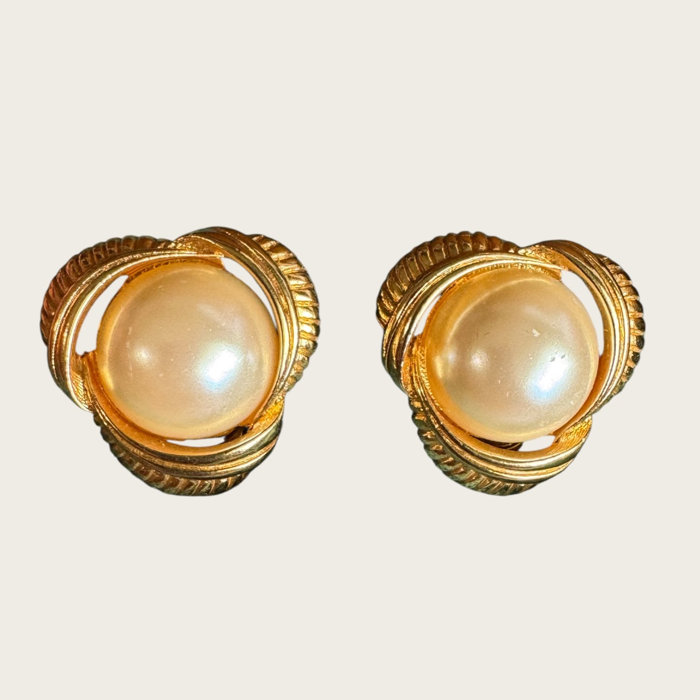 Vintage Sara Coventry Swirl Clip-On Earrings – Gold-Tone with Faux Pearl Centers