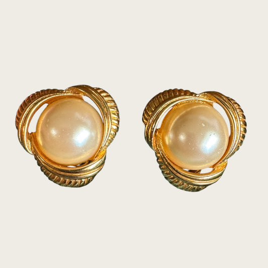 Vintage Sara Coventry Swirl Clip-On Earrings – Gold-Tone with Faux Pearl Centers