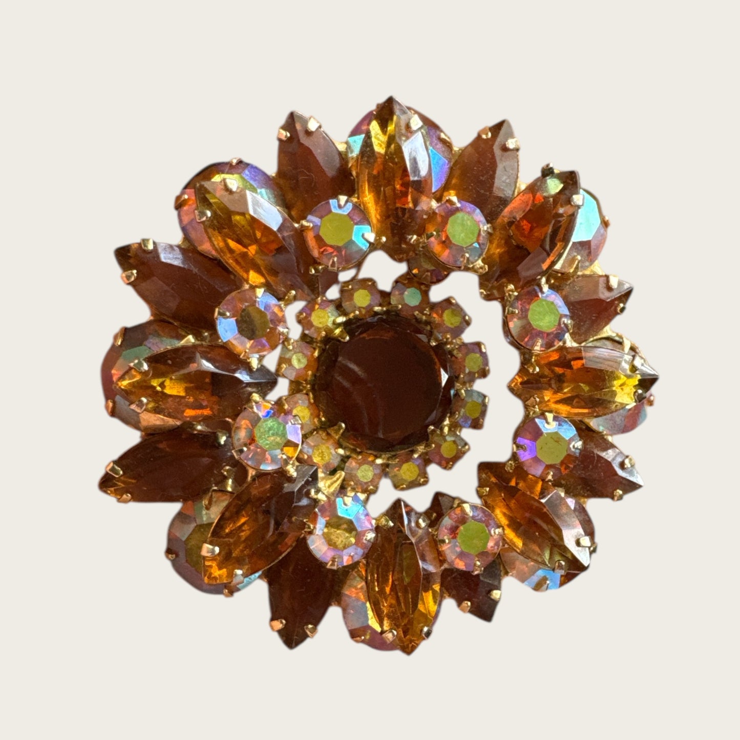 Root Beer Navette & Aurora Borealis Topaz Rhinestone Brooch – Layered Vintage Gold-Tone Design