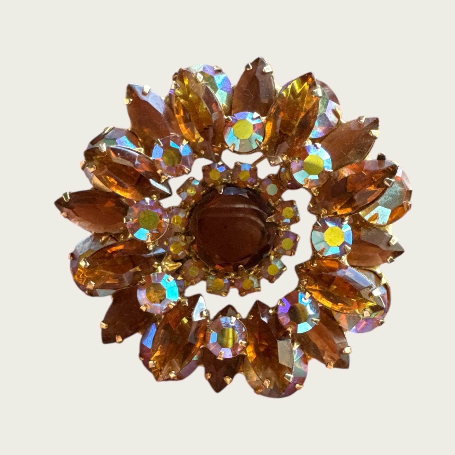 Root Beer Navette & Aurora Borealis Topaz Rhinestone Brooch – Layered Vintage Gold-Tone Design