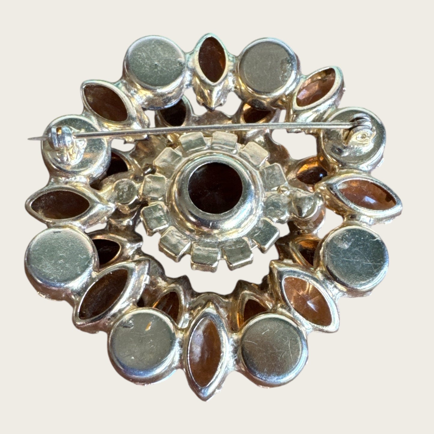 Root Beer Navette & Aurora Borealis Topaz Rhinestone Brooch – Layered Vintage Gold-Tone Design