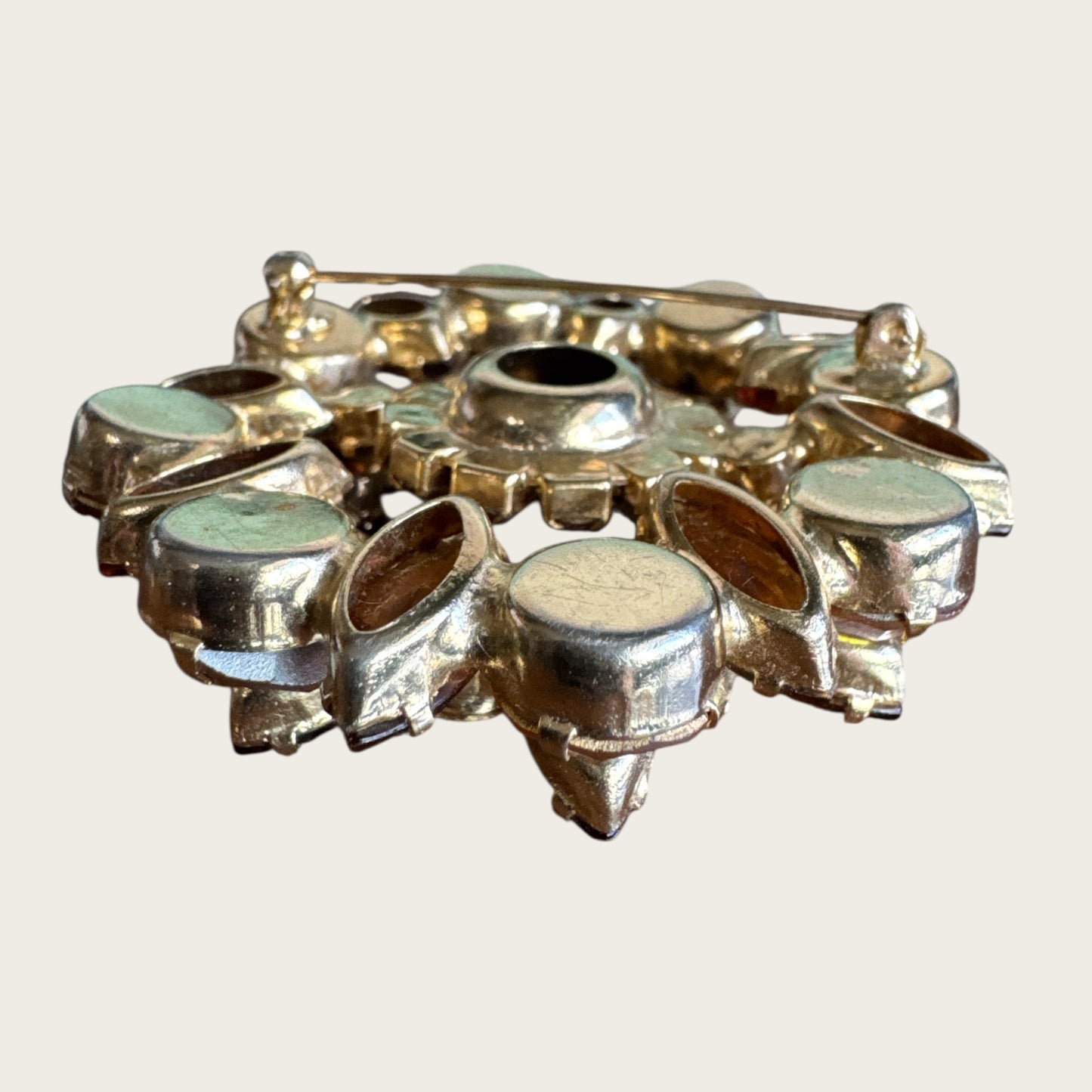 Root Beer Navette & Aurora Borealis Topaz Rhinestone Brooch – Layered Vintage Gold-Tone Design