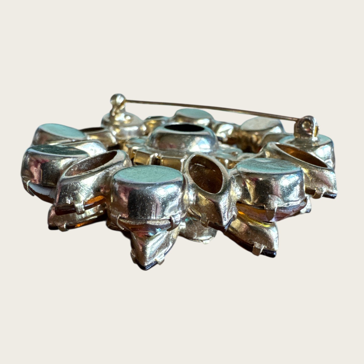 Root Beer Navette & Aurora Borealis Topaz Rhinestone Brooch – Layered Vintage Gold-Tone Design
