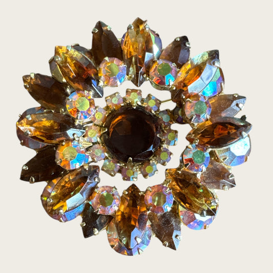 Root Beer Navette & Aurora Borealis Topaz Rhinestone Brooch – Layered Vintage Gold-Tone Design