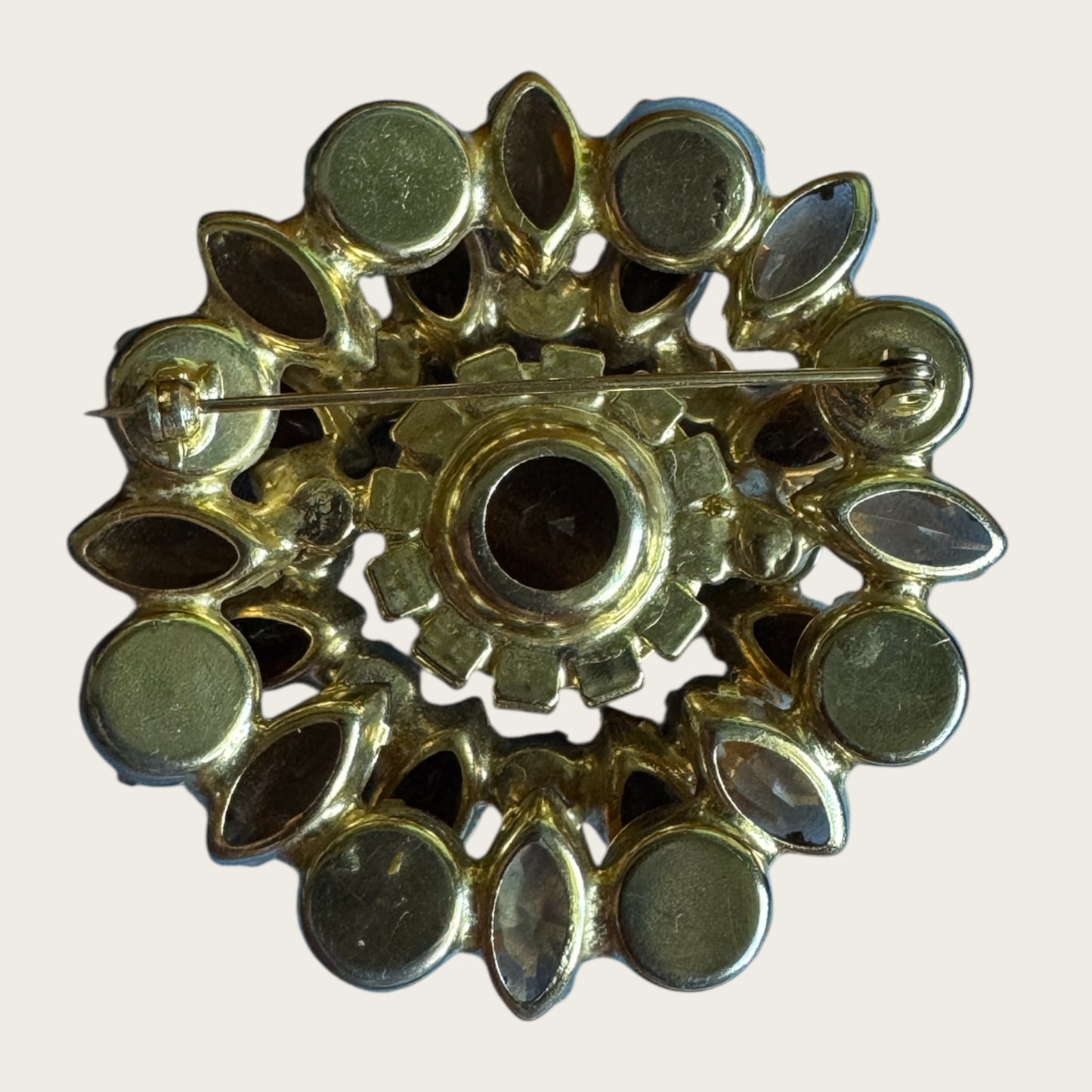 Root Beer Navette & Aurora Borealis Topaz Rhinestone Brooch – Layered Vintage Gold-Tone Design