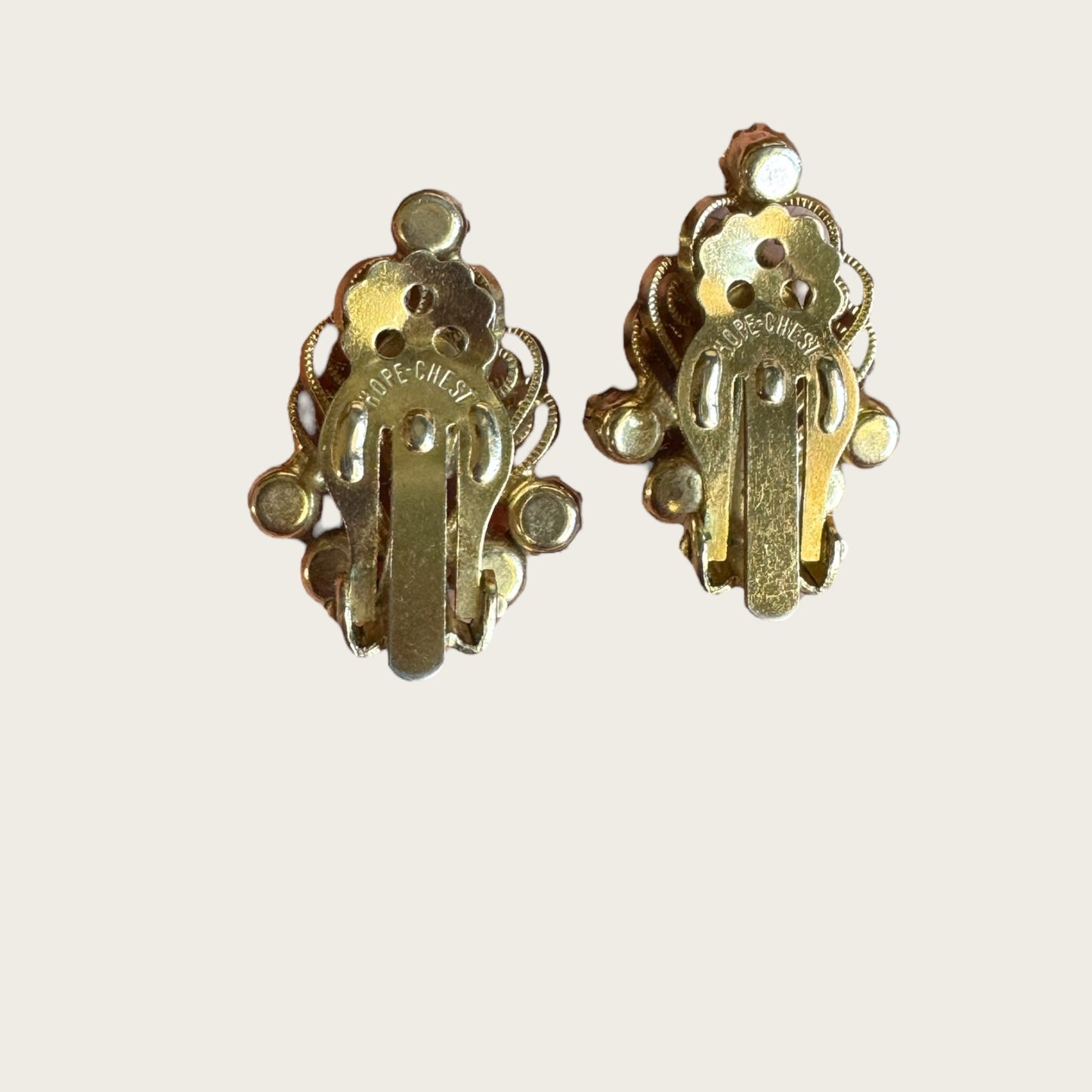 Vintage Hope Chest Faux Pearl & Rhinestone Demi-Parure – Brooch & Clip Earring Set – Mid-Century Gold-Tone Filigree Design