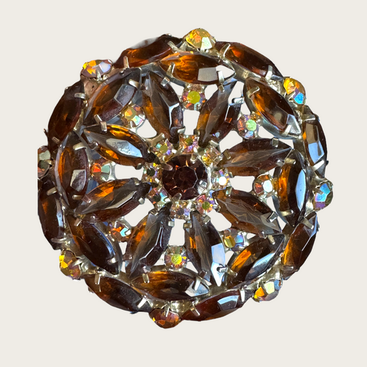 Vintage Root Beer & Aurora Borealis Rhinestone Brooch – Layered Domed Silvertone (1950s–1960s)