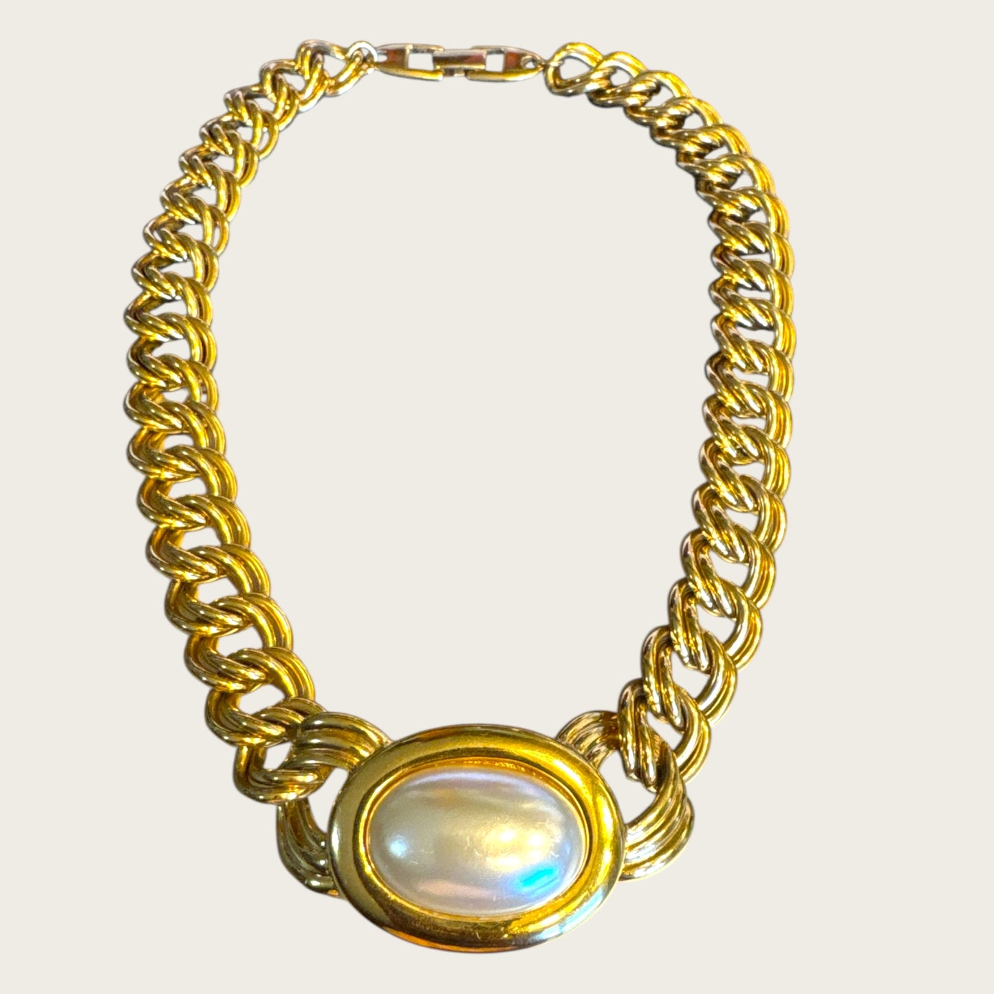 Vintage Napier Gold-Tone Chain Necklace with Oversized Faux Pearl Centerpiece