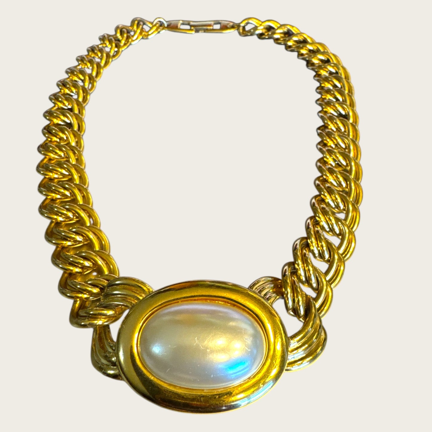Vintage Napier Gold-Tone Chain Necklace with Oversized Faux Pearl Centerpiece