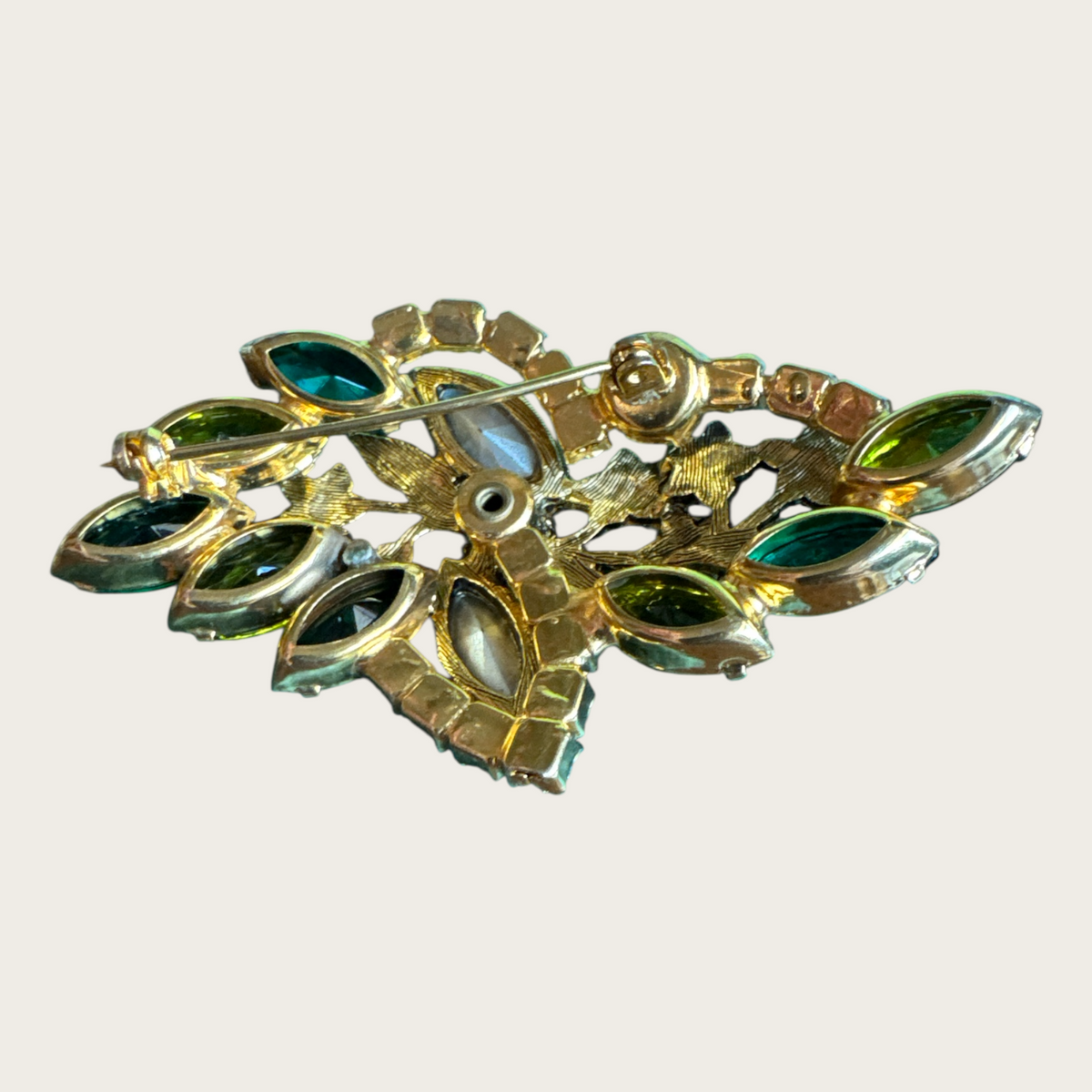 Vintage Green Rhinestone Brooch & Earring Set with Uranium Glow and Mediterranean Blue Navettes – Mid-Century Floral Elegance