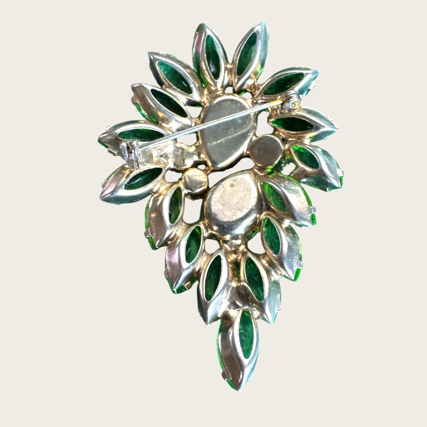 Vintage Parrot-Green Rhinestone Leaf Brooch │ Brilliant Emerald and Uranium Accents (c. 1950s)