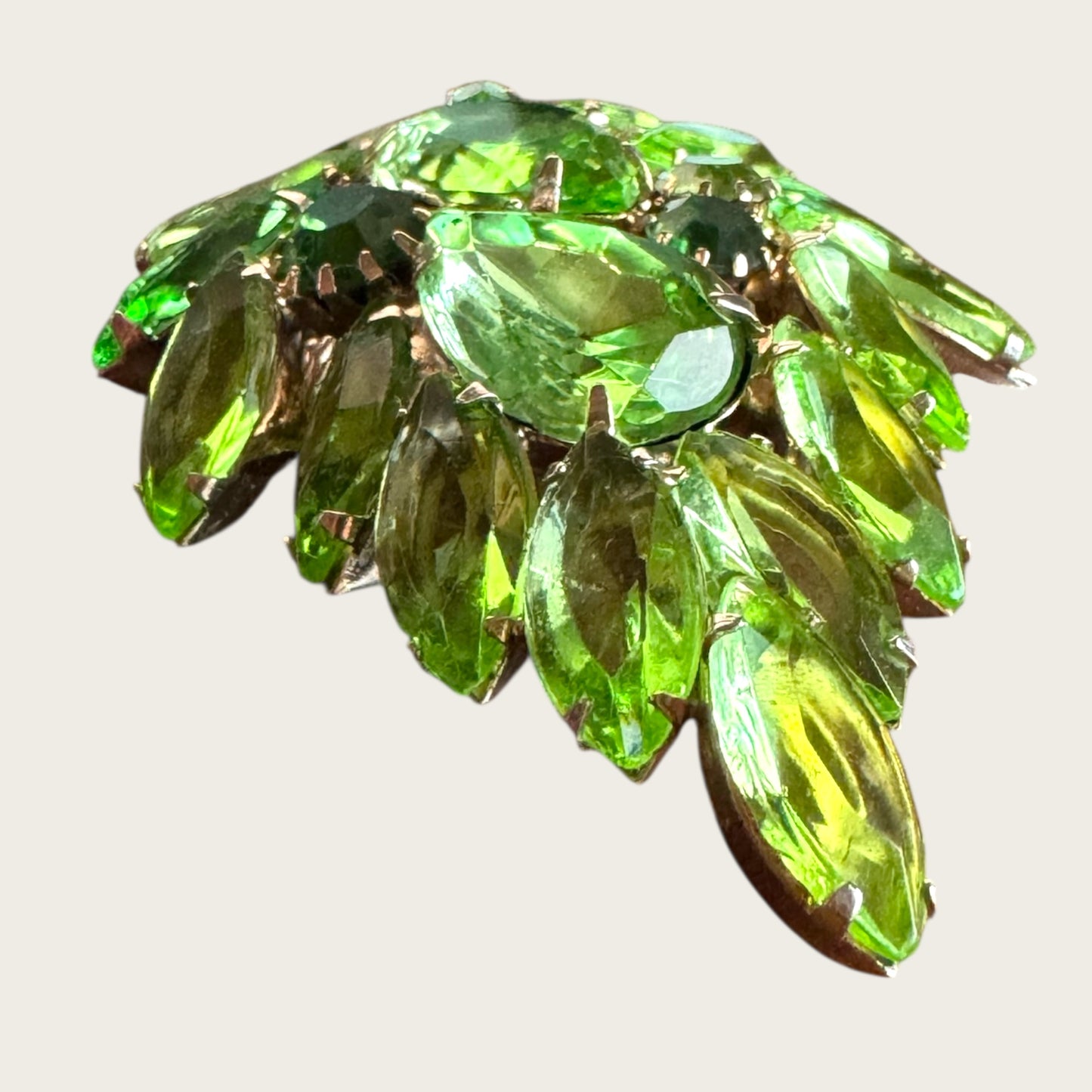 Vintage Parrot-Green Rhinestone Leaf Brooch │ Brilliant Emerald and Uranium Accents (c. 1950s)