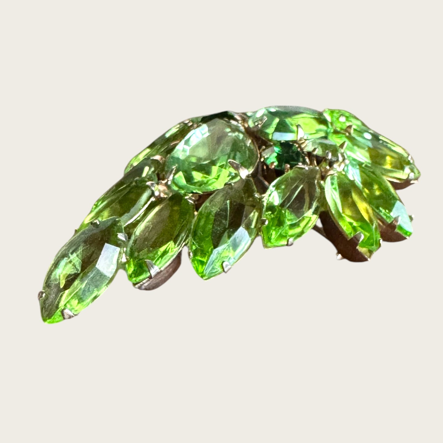 Vintage Parrot-Green Rhinestone Leaf Brooch │ Brilliant Emerald and Uranium Accents (c. 1950s)