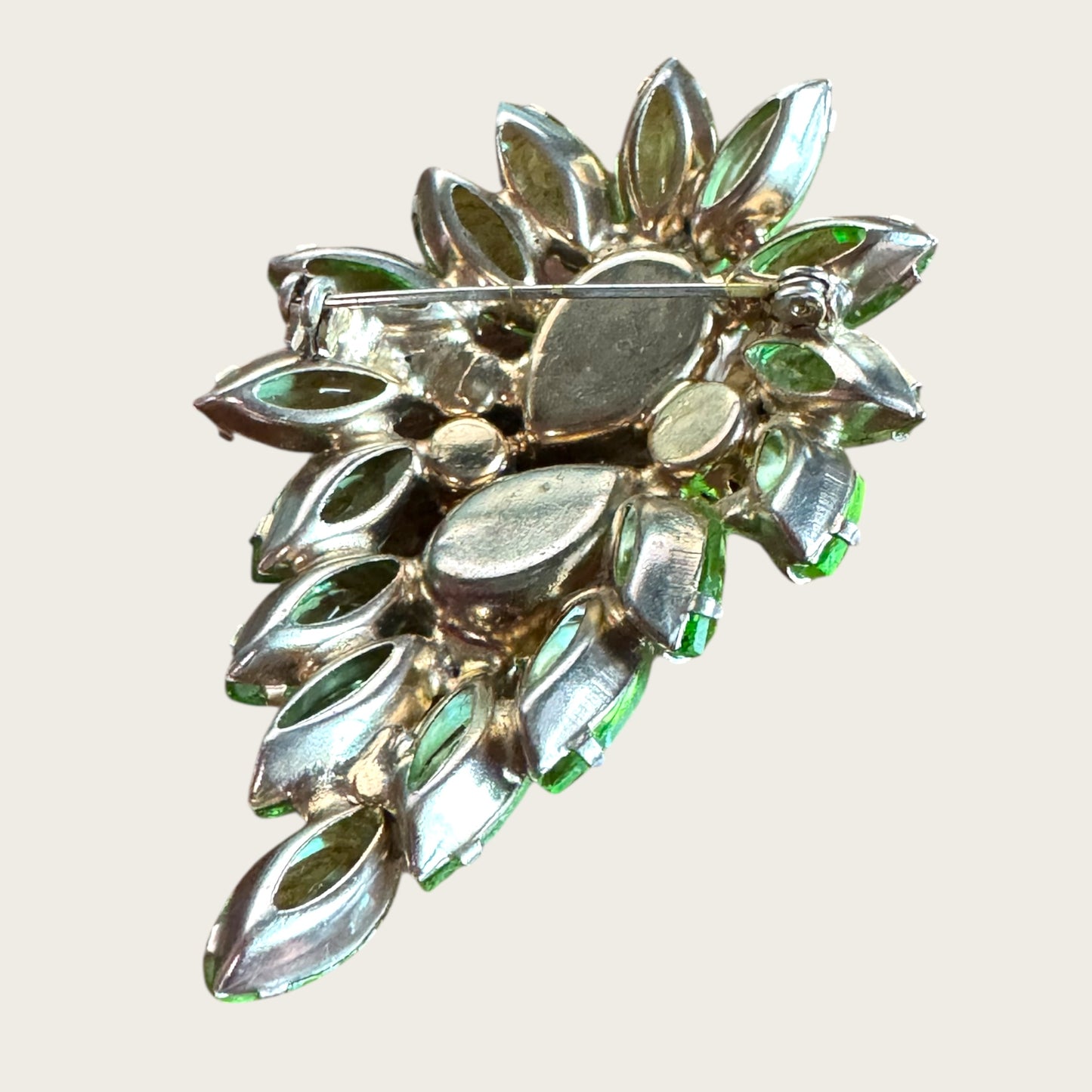 Vintage Parrot-Green Rhinestone Leaf Brooch │ Brilliant Emerald and Uranium Accents (c. 1950s)