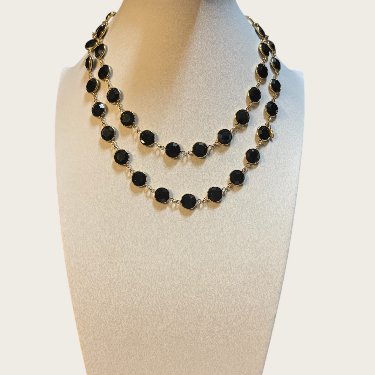 Vintage Swarovski Black Crystal Bezel-Set Necklace – Gold-Tone Long Strand (Signed with Swan Tag)