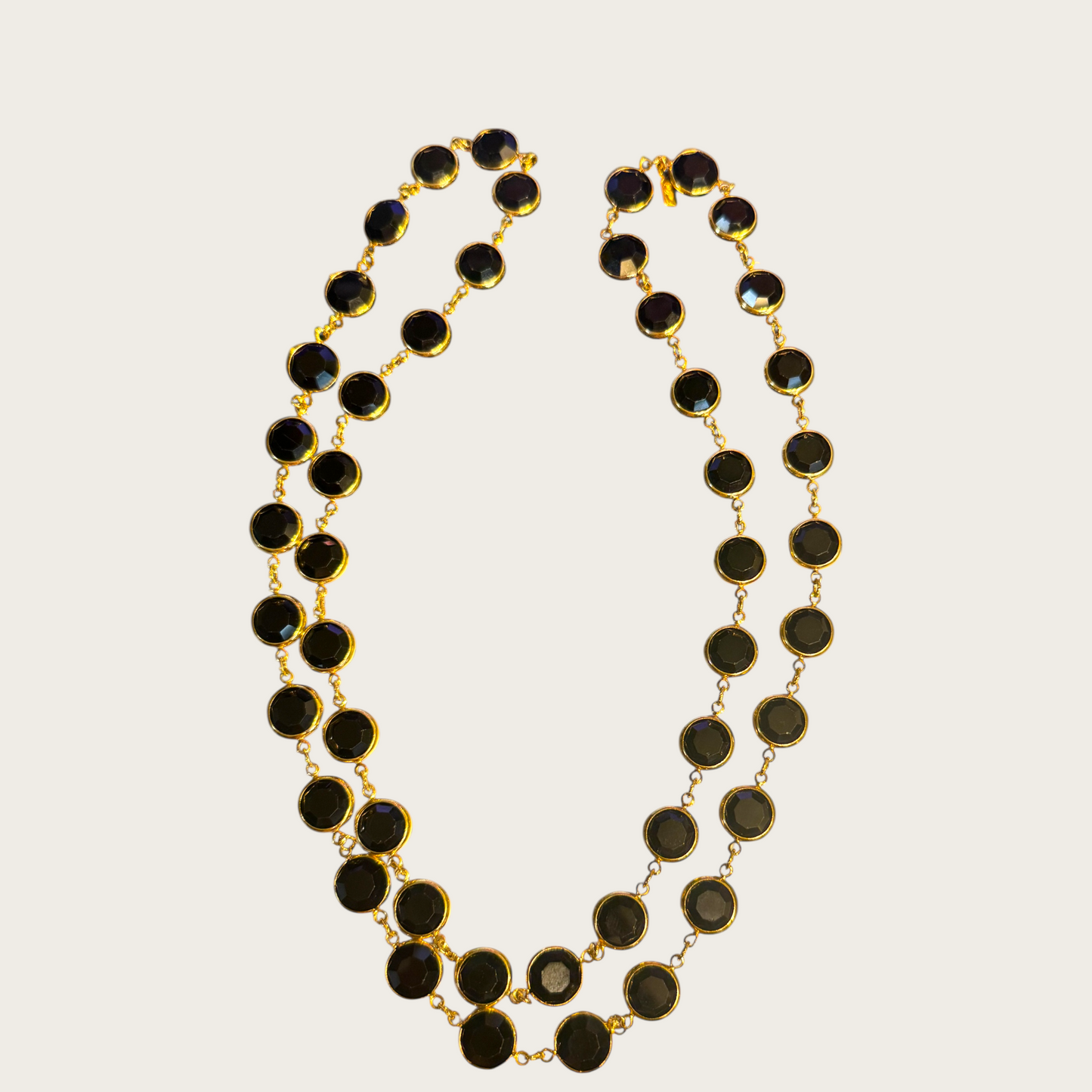 Vintage Swarovski Black Crystal Bezel-Set Necklace – Gold-Tone Long Strand (Signed with Swan Tag)