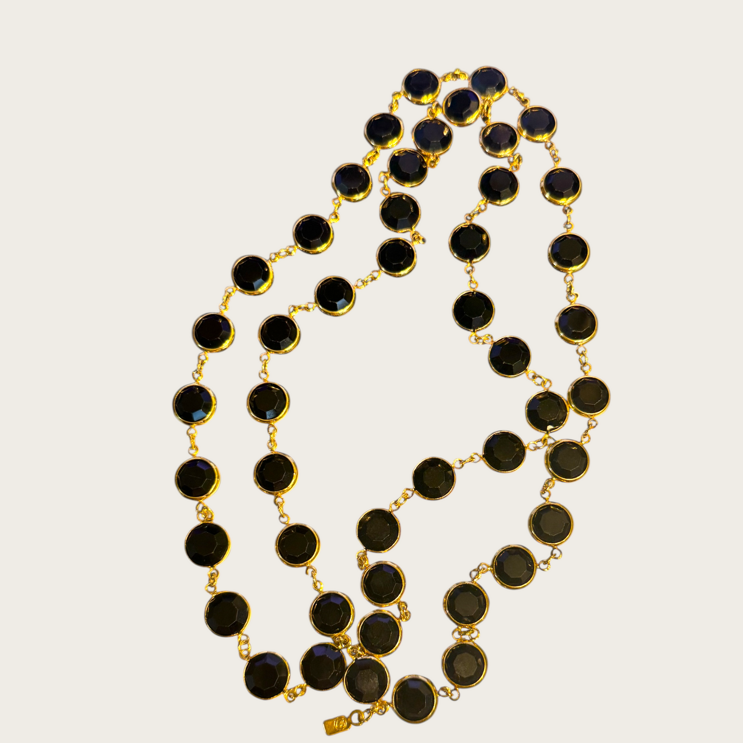 Vintage Swarovski Black Crystal Bezel-Set Necklace – Gold-Tone Long Strand (Signed with Swan Tag)