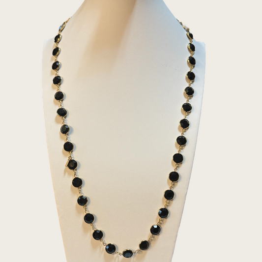 Vintage Swarovski Black Crystal Bezel-Set Necklace – Gold-Tone Long Strand (Signed with Swan Tag)