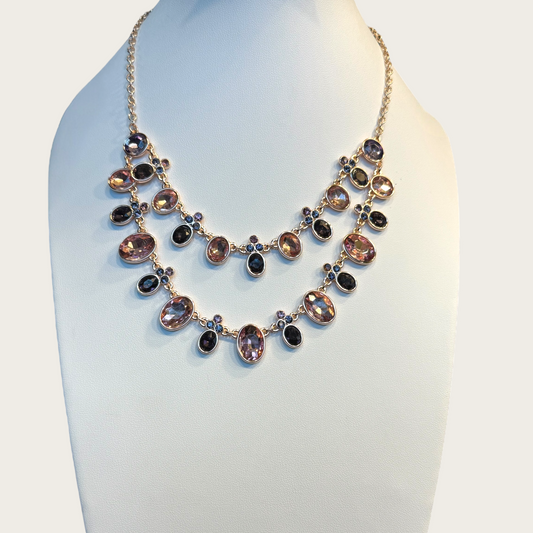 Vintage Swarovski Blush Pink, Amethyst & Slate Crystal Necklace Rose-Gold Tone Foiled-Back Brilliance