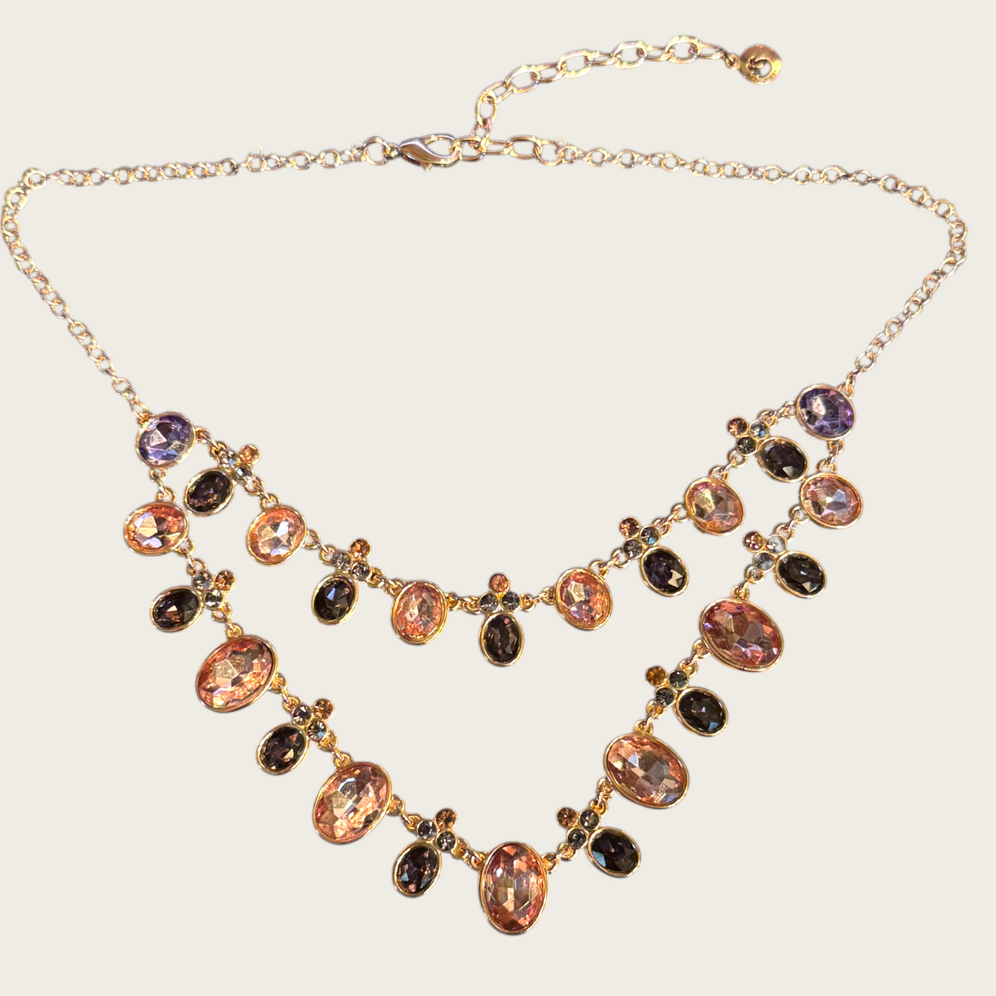 Vintage Swarovski Blush Pink, Amethyst & Slate Crystal Necklace Rose-Gold Tone Foiled-Back Brilliance