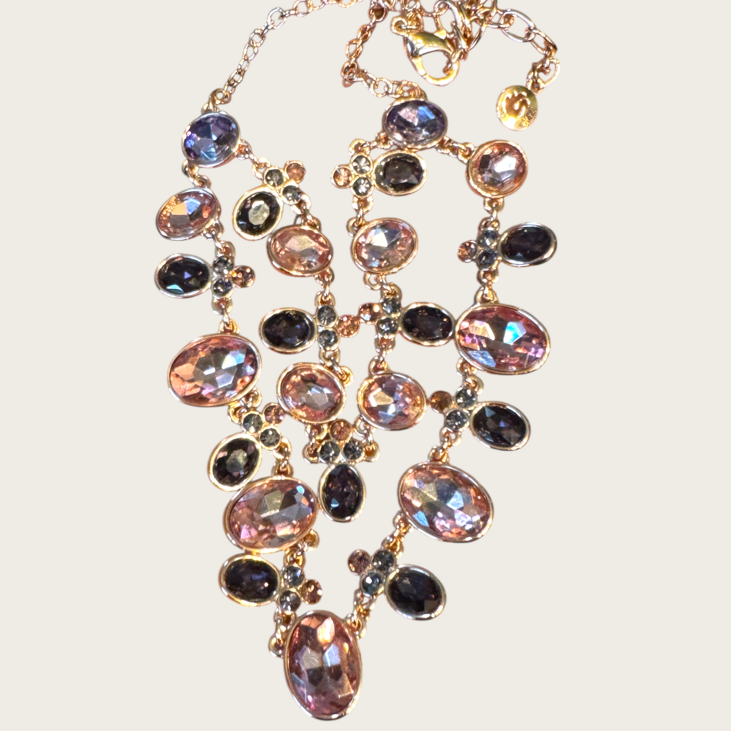 Vintage Swarovski Blush Pink, Amethyst & Slate Crystal Necklace Rose-Gold Tone Foiled-Back Brilliance