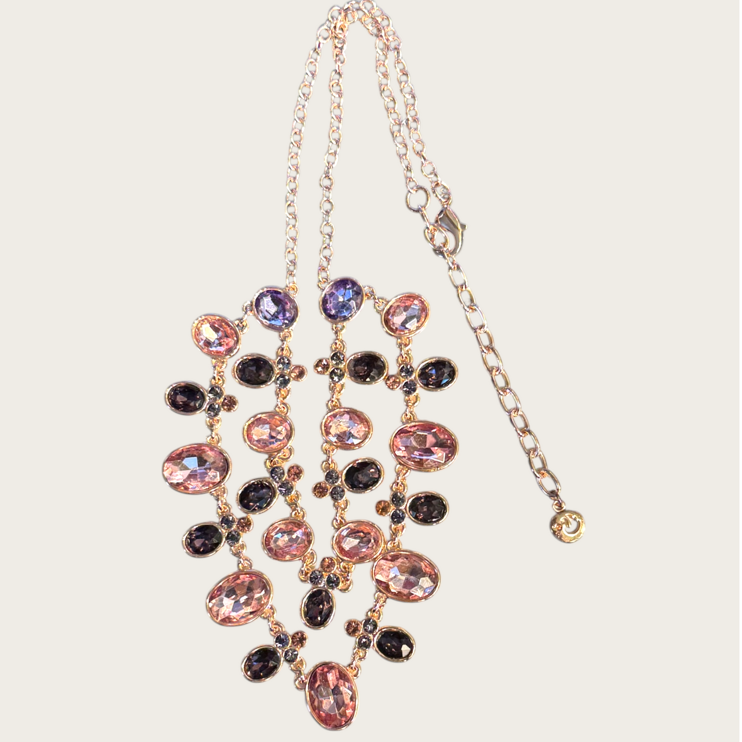 Vintage Swarovski Blush Pink, Amethyst & Slate Crystal Necklace Rose-Gold Tone Foiled-Back Brilliance