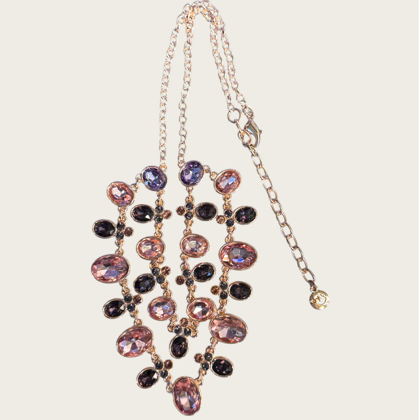 Vintage Swarovski Blush Pink, Amethyst & Slate Crystal Necklace Rose-Gold Tone Foiled-Back Brilliance