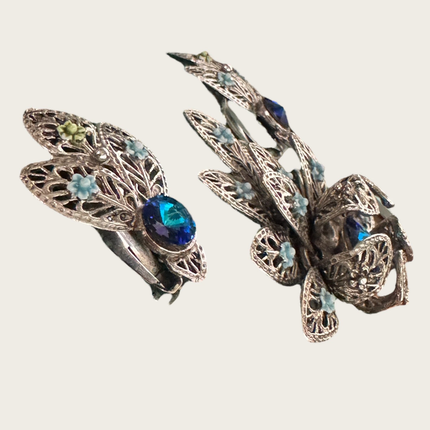 Vintage Blue Glass & Enamel Filigree Brooch and Earring Set – 1950s European Floral Design