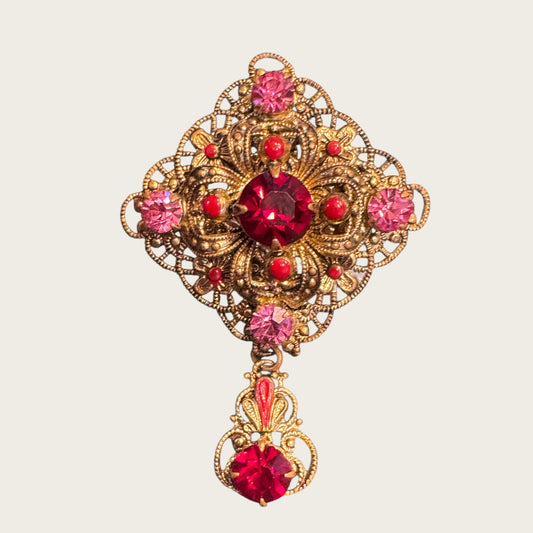 Antique Filigree Brooch with Ruby Red Rhinestones & Enamel Dangle | European Gilt Brass (1930s–1940s)