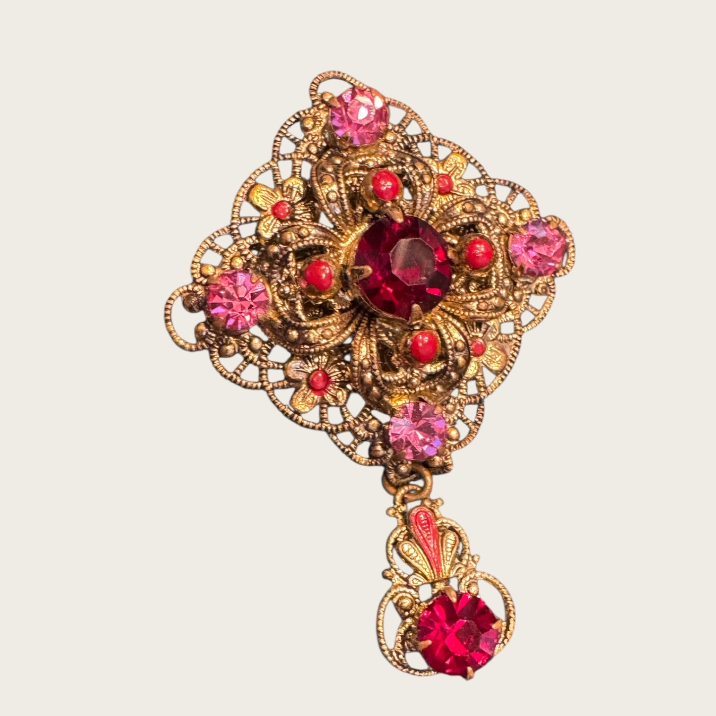 Antique Filigree Brooch with Ruby Red Rhinestones & Enamel Dangle | European Gilt Brass (1930s–1940s)