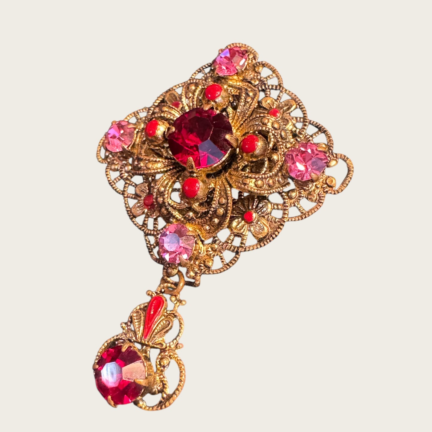 Antique Filigree Brooch with Ruby Red Rhinestones & Enamel Dangle | European Gilt Brass (1930s–1940s)
