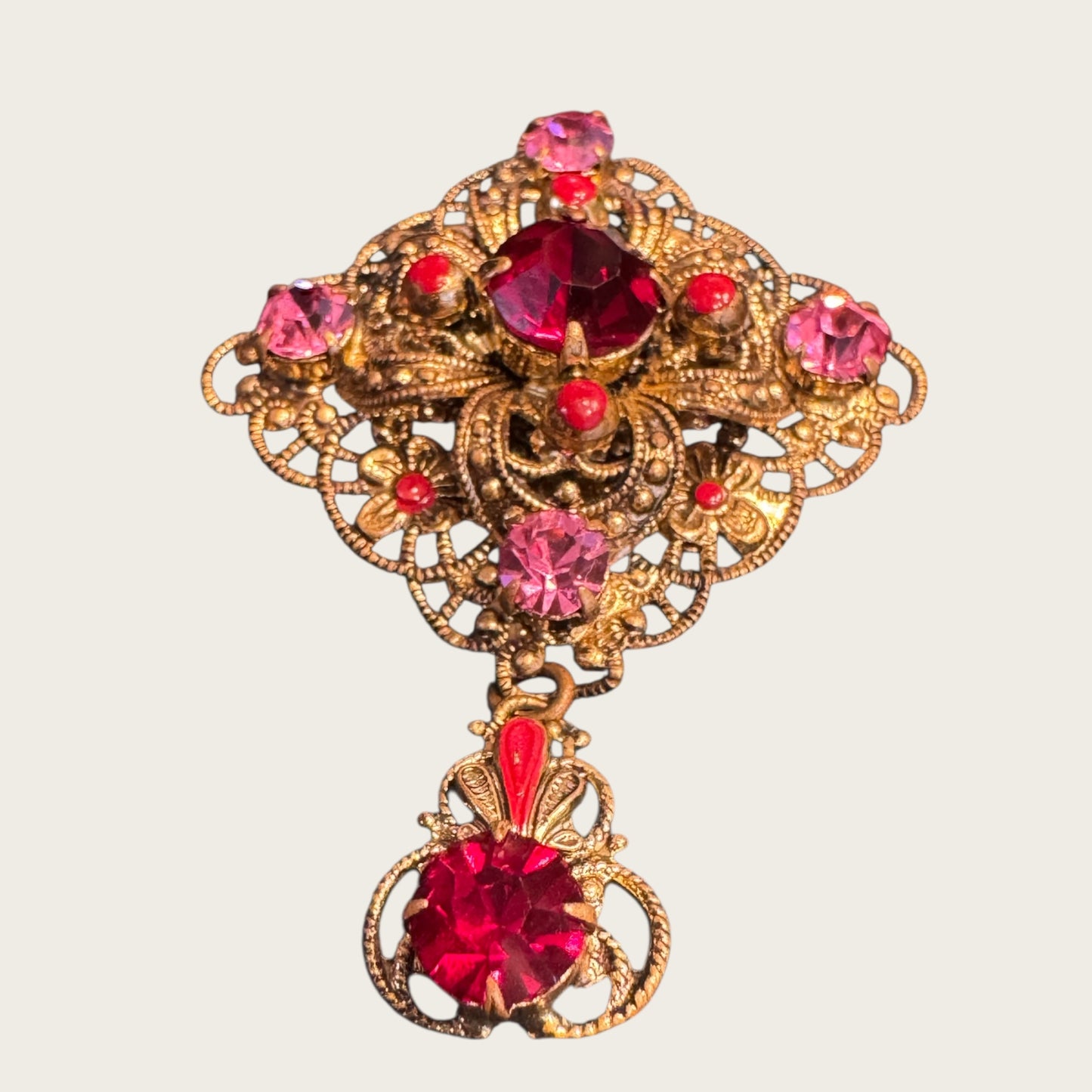 Antique Filigree Brooch with Ruby Red Rhinestones & Enamel Dangle | European Gilt Brass (1930s–1940s)