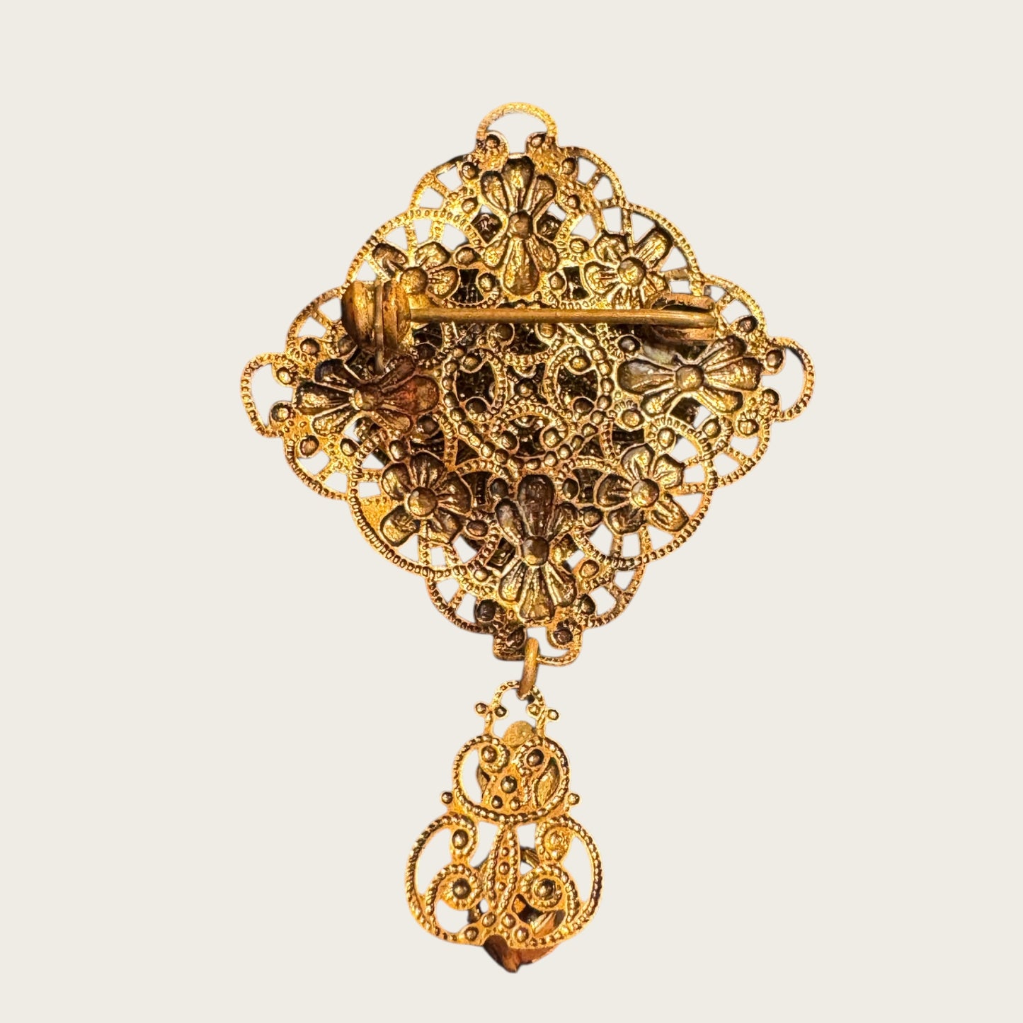 Antique Filigree Brooch with Ruby Red Rhinestones & Enamel Dangle | European Gilt Brass (1930s–1940s)