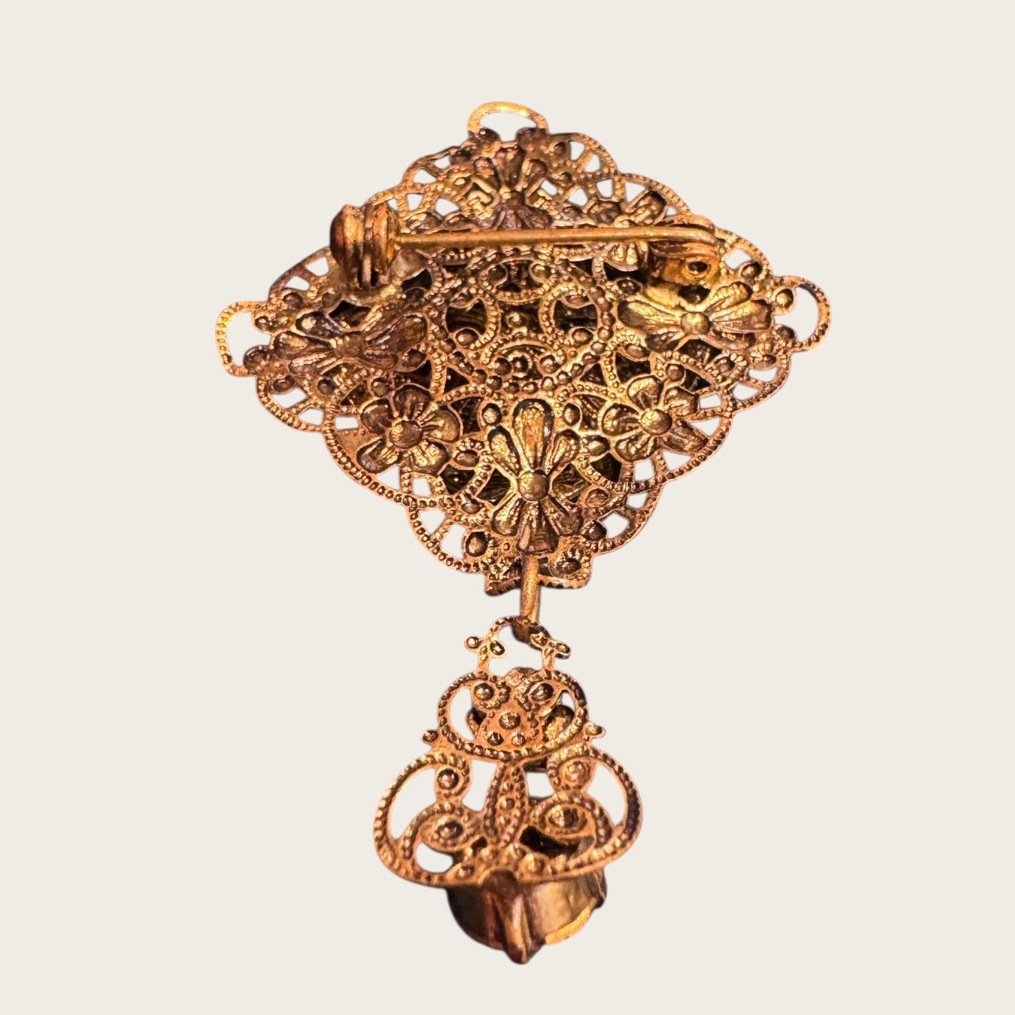 Antique Filigree Brooch with Ruby Red Rhinestones & Enamel Dangle | European Gilt Brass (1930s–1940s)
