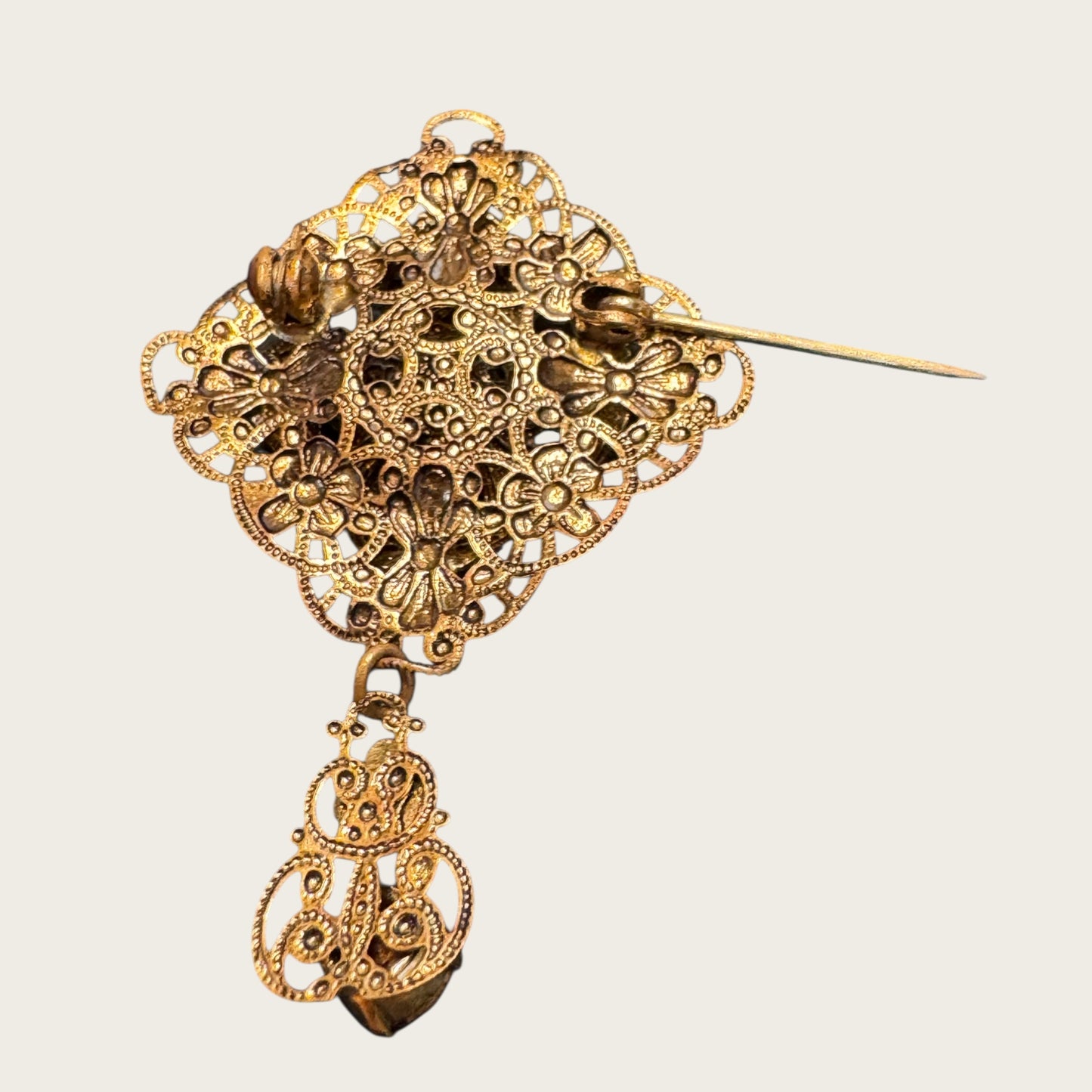 Antique Filigree Brooch with Ruby Red Rhinestones & Enamel Dangle | European Gilt Brass (1930s–1940s)