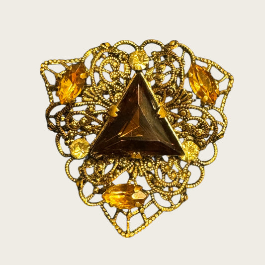 Austrian Filigree Brooch with Triangular Amber Glass & Topaz Navettes | Vintage Gilt Brass (1940s)