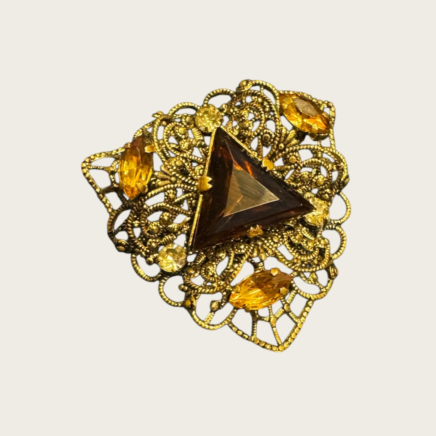 Austrian Filigree Brooch with Triangular Amber Glass & Topaz Navettes | Vintage Gilt Brass (1940s)