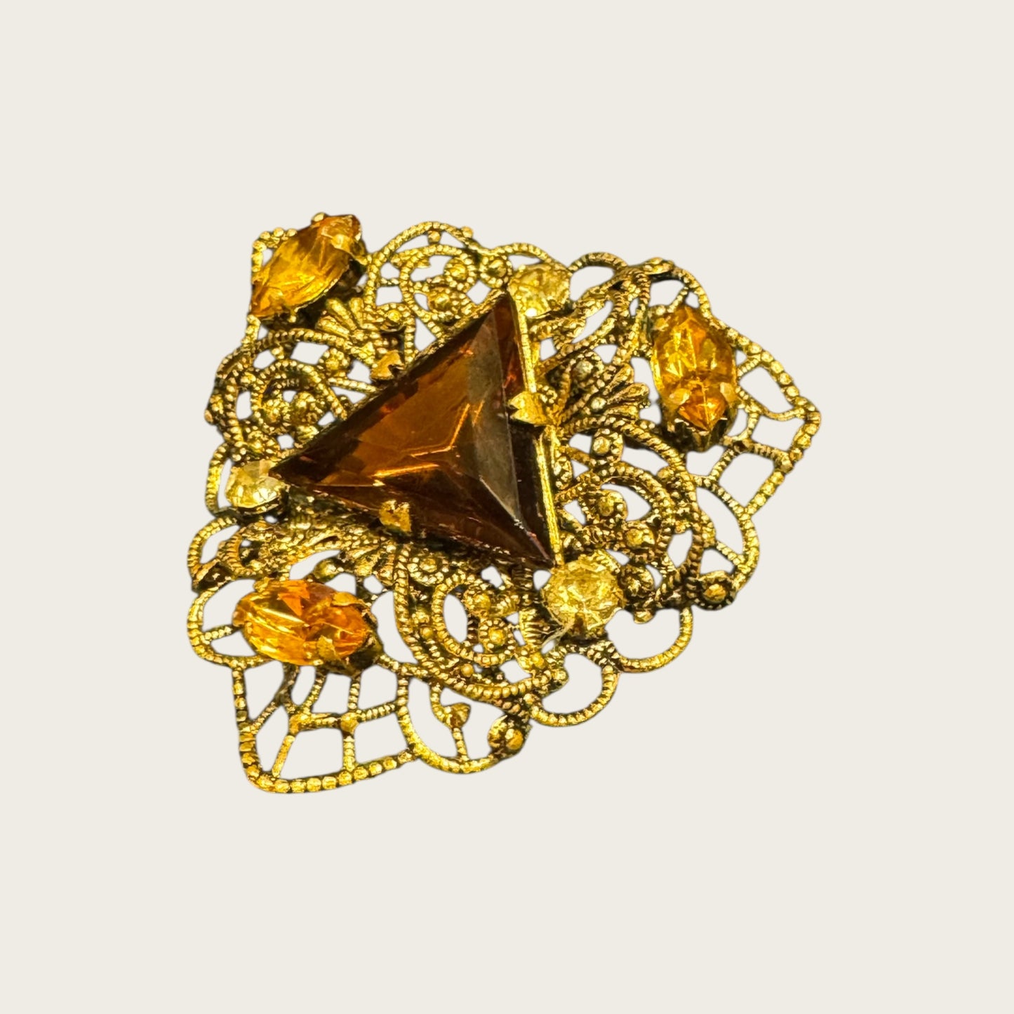 Austrian Filigree Brooch with Triangular Amber Glass & Topaz Navettes | Vintage Gilt Brass (1940s)