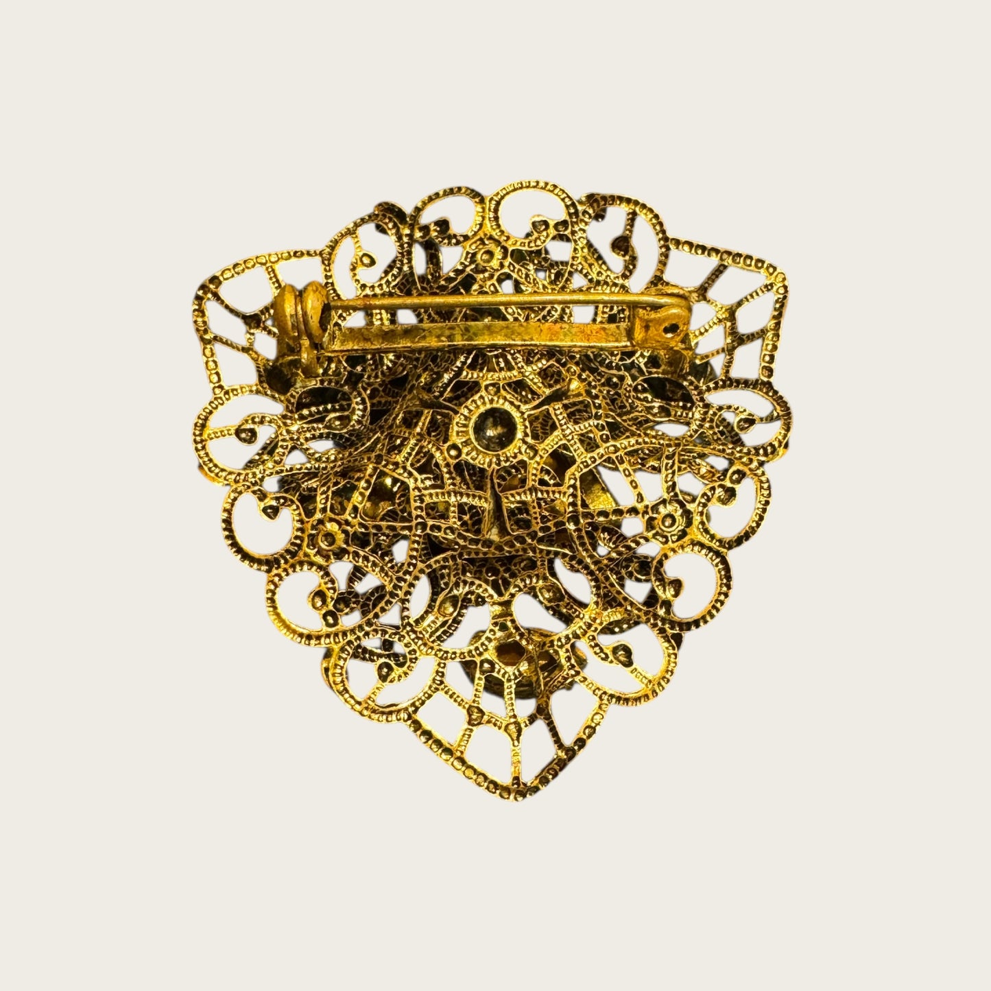 Austrian Filigree Brooch with Triangular Amber Glass & Topaz Navettes | Vintage Gilt Brass (1940s)