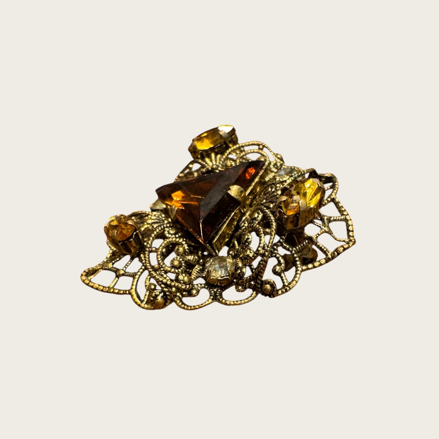 Austrian Filigree Brooch with Triangular Amber Glass & Topaz Navettes | Vintage Gilt Brass (1940s)
