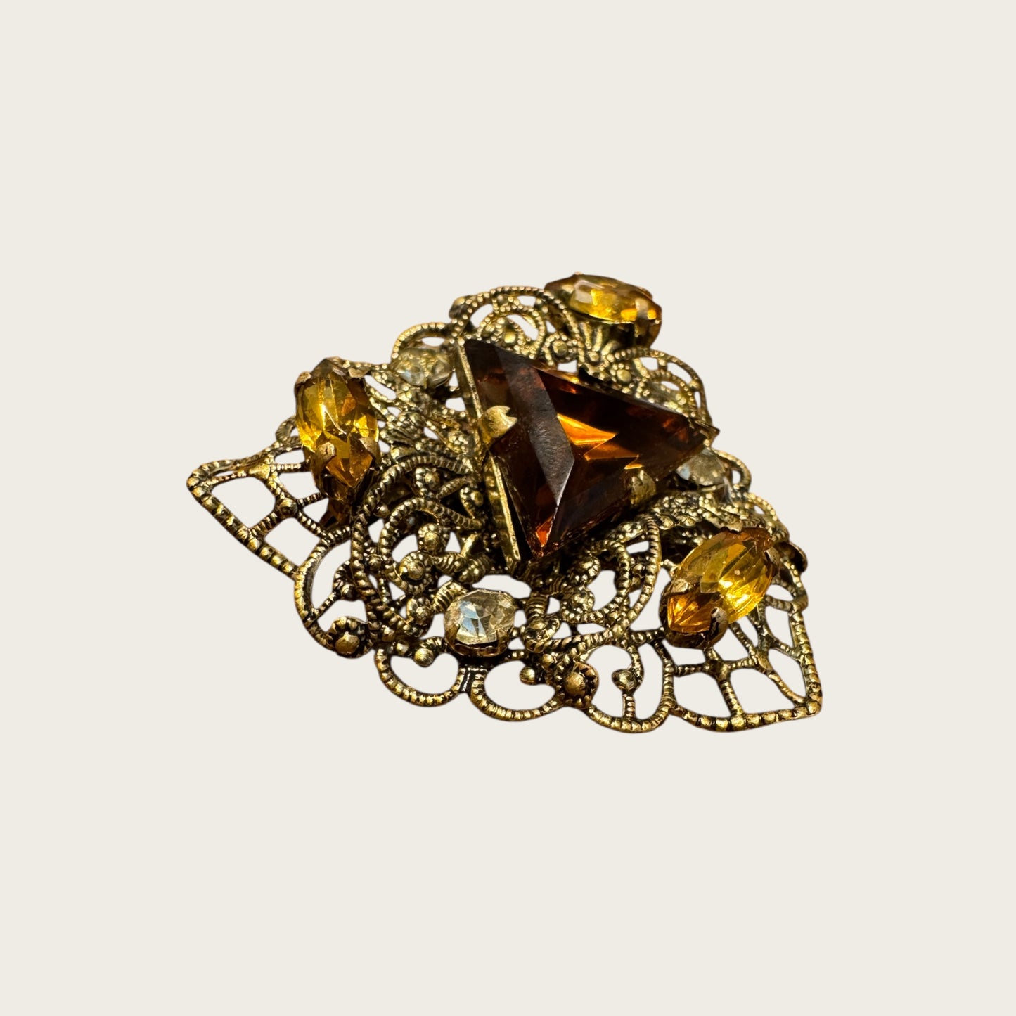 Austrian Filigree Brooch with Triangular Amber Glass & Topaz Navettes | Vintage Gilt Brass (1940s)